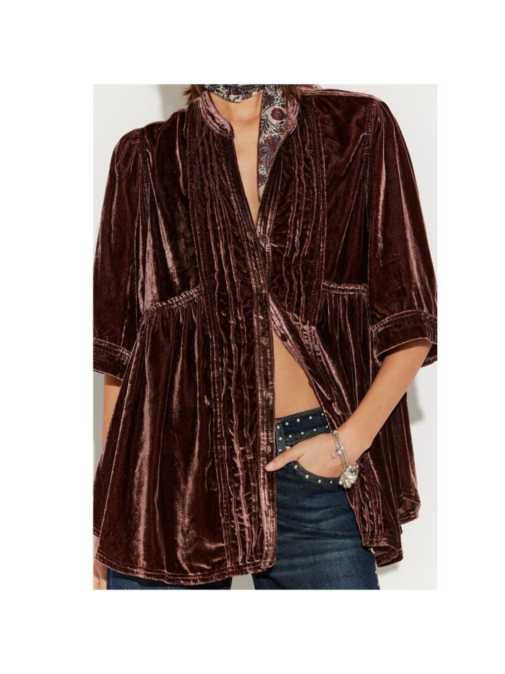 Free People We the Free Velvet Willow Button Down Top Brown L